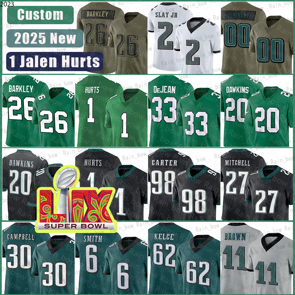1 Jalen Hurts Football Jerseys Jalen Carter Man Cooper DeJean Saquon Barkley Quinyon Mitchell Brian Dawkins Jason Kelce 11 Brown DeVonta Smith Jihaad Campbell