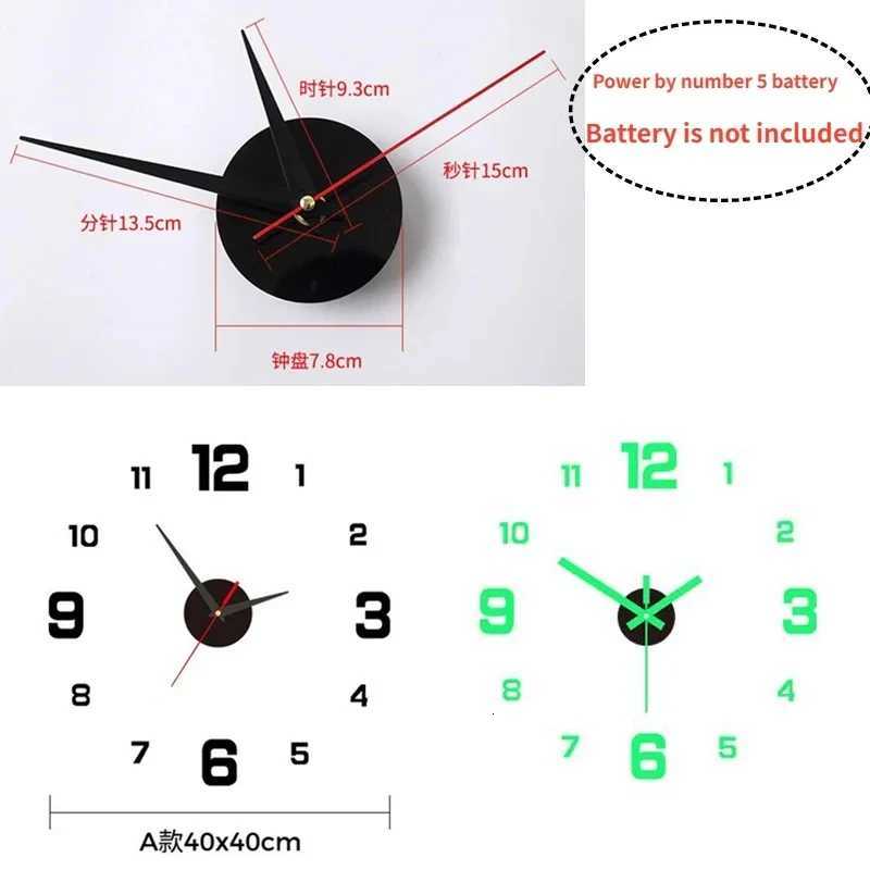 minimst glowing clock nodrill frameless silent hanging clock living room bedroom wall sticker decoration clock C251015