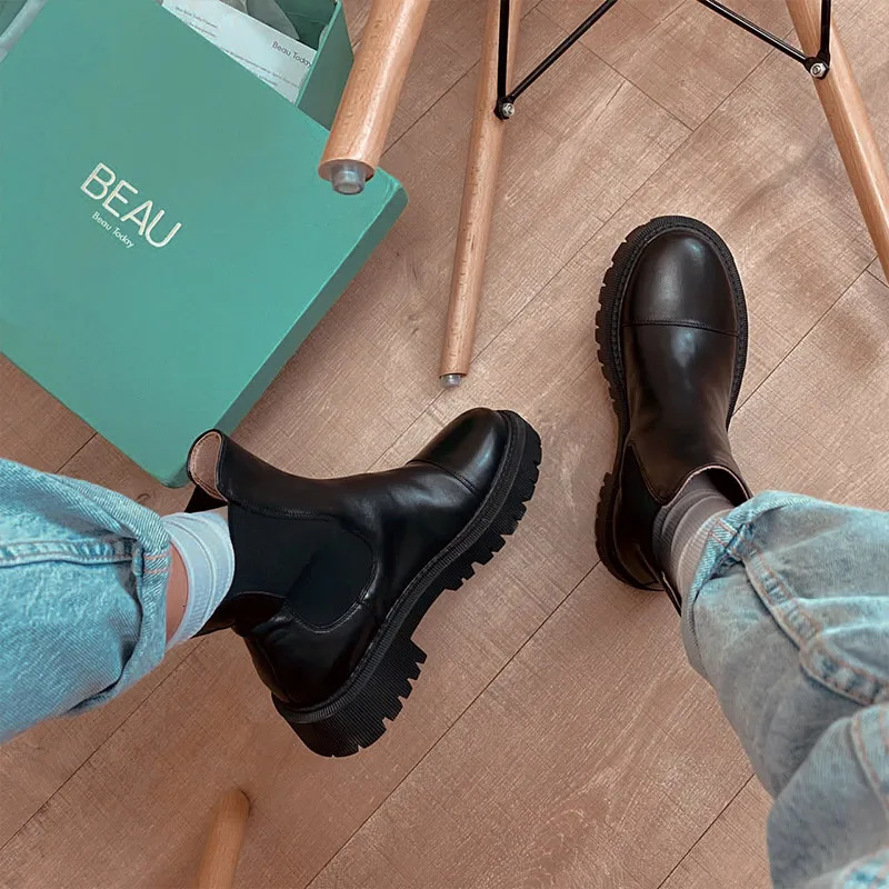 BeauToday Ankle Boots Platform Women Cow Leather Chelsea Boots Round Toe Elastic Band Thick Sole Ladies Shoes Handmade 02379 251023