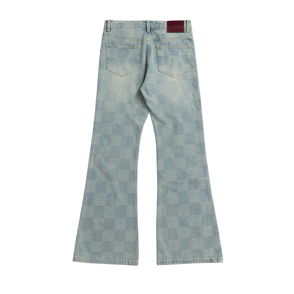 High Street Checkered Micro Flared Jeans for Men Patchwork Straight Loose Boot Cut Oversized Casual Baggy Denim Trousers 251010