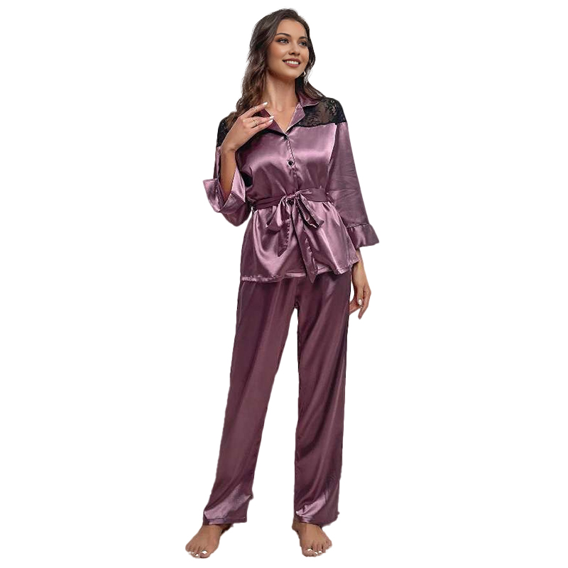 Women's Spring/Fall Silk Satin Lace-Panel Long-Sleeve Pajama Set with Pants nightgown retro nightgown nightgown set nightgown nightdress loungewe
