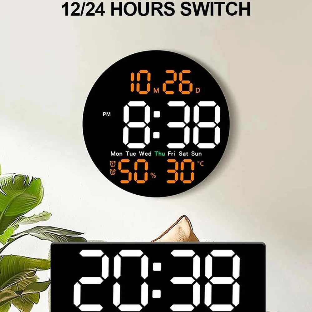 Remote Control LED Wall Clock with Dual AlarmsCalendar and Temperature Display for Home DecorationBrightness Adjustable C251015