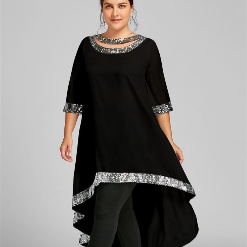 H1015European and American Amazon women's loose skirt splicing short-sleeved dress solid color shiny silk hem