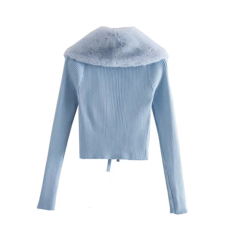 Women Sweet Fur Collar Splicing Knitting Sweater Female Lace Long Sleeve Cardigan Chic Top 210812
