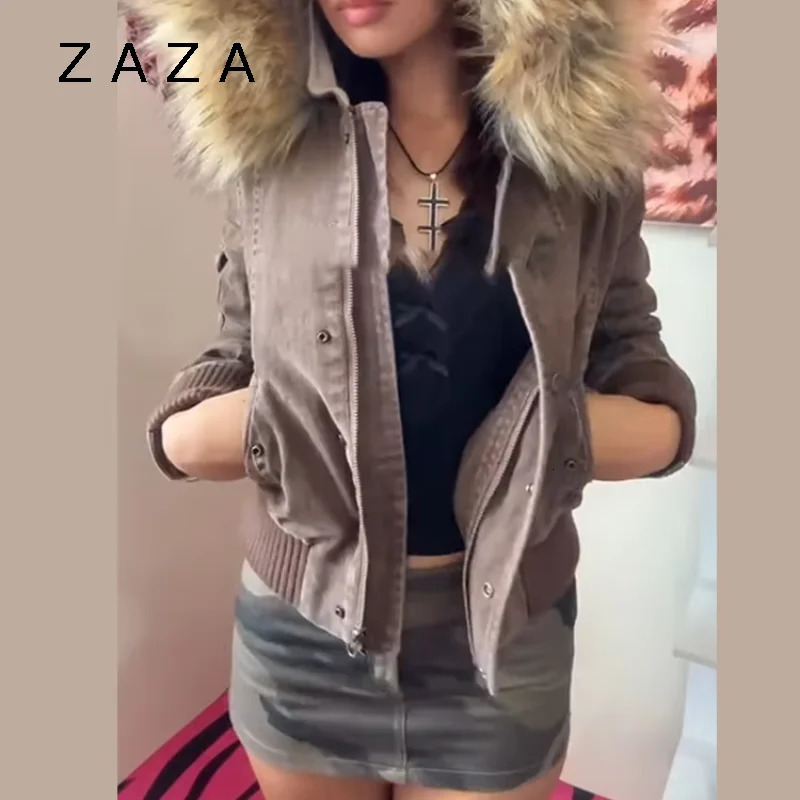 Vintage Brown Fur Collar Hooded Jacket For Women Slim Fit Long Sleeve Pocket Coat 2025 Female Autumn Winter Solid Streetwear 251008