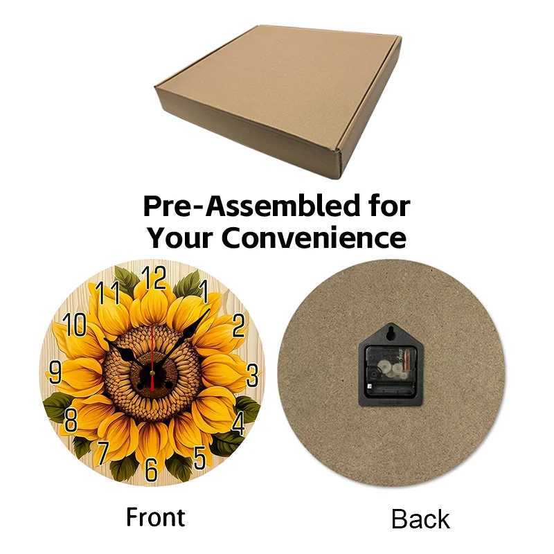 Yellow Sunflower Wooden Round Silent Hanging Wall Clock Suitable For Living Room Office Study Room Bedroom Home Decoration C251015