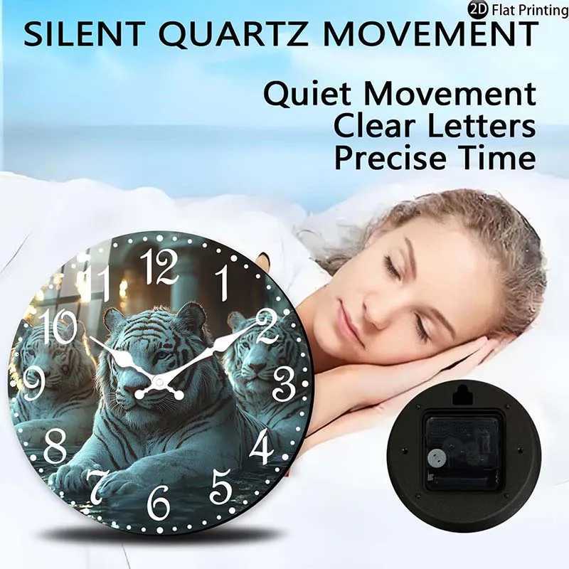 Wooden Silent Wall Clock White tiger family water Quartz Analog Clock KitchenHome Idea Christmas Halloween C251015