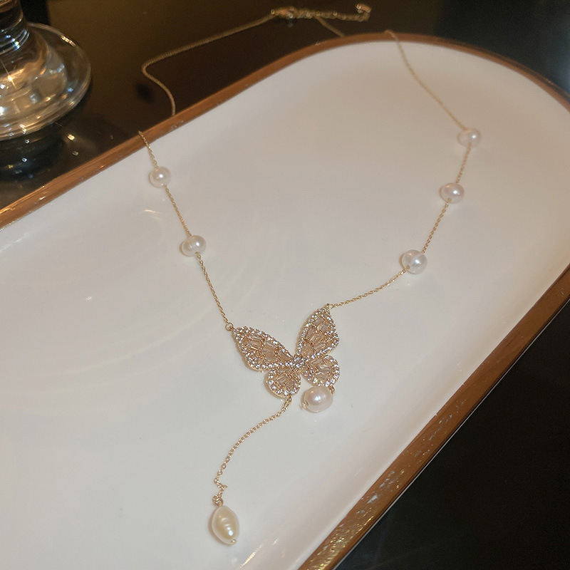 Real Gold Plated Freshwater Pearl Micro Inlaid Zircon Butterfly Tassel Necklace Design Sense Collarbone Chain Elegant Ins Style Jewelry - view 6
