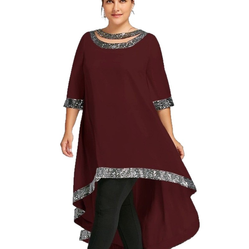 H1015European and American Amazon women's loose skirt splicing short-sleeved dress solid color shiny silk hem