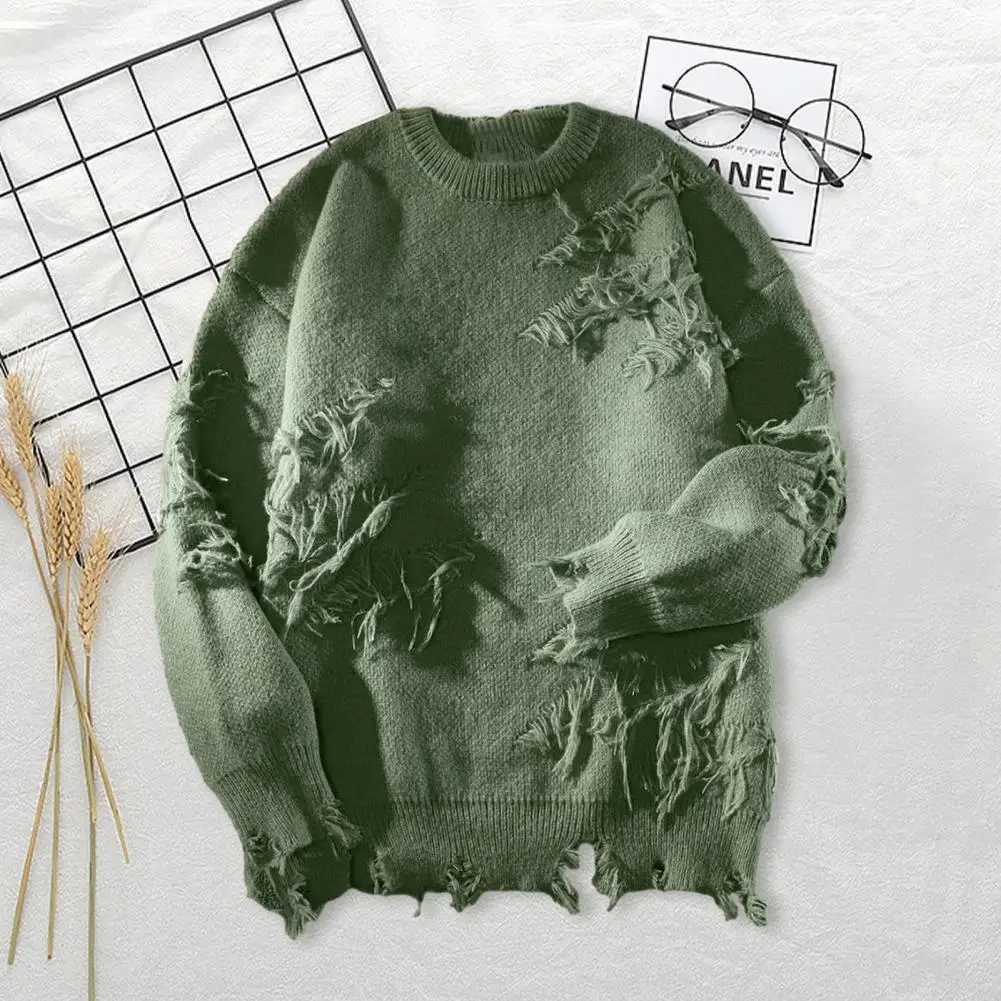 High Street Hip Hop Men Sweater Ripped Round Neck Knitted Men Sweater Irregular Holes Vintage Casual Loose Men Pullovers Sweater J251015