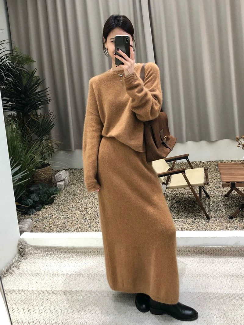 Knitted Sweater Set Skirt Women Winter Vneck Vintage 2 Piece Suits Pullover Knitted Pullover Skirt Korean Fashion Twopiece Set 251028