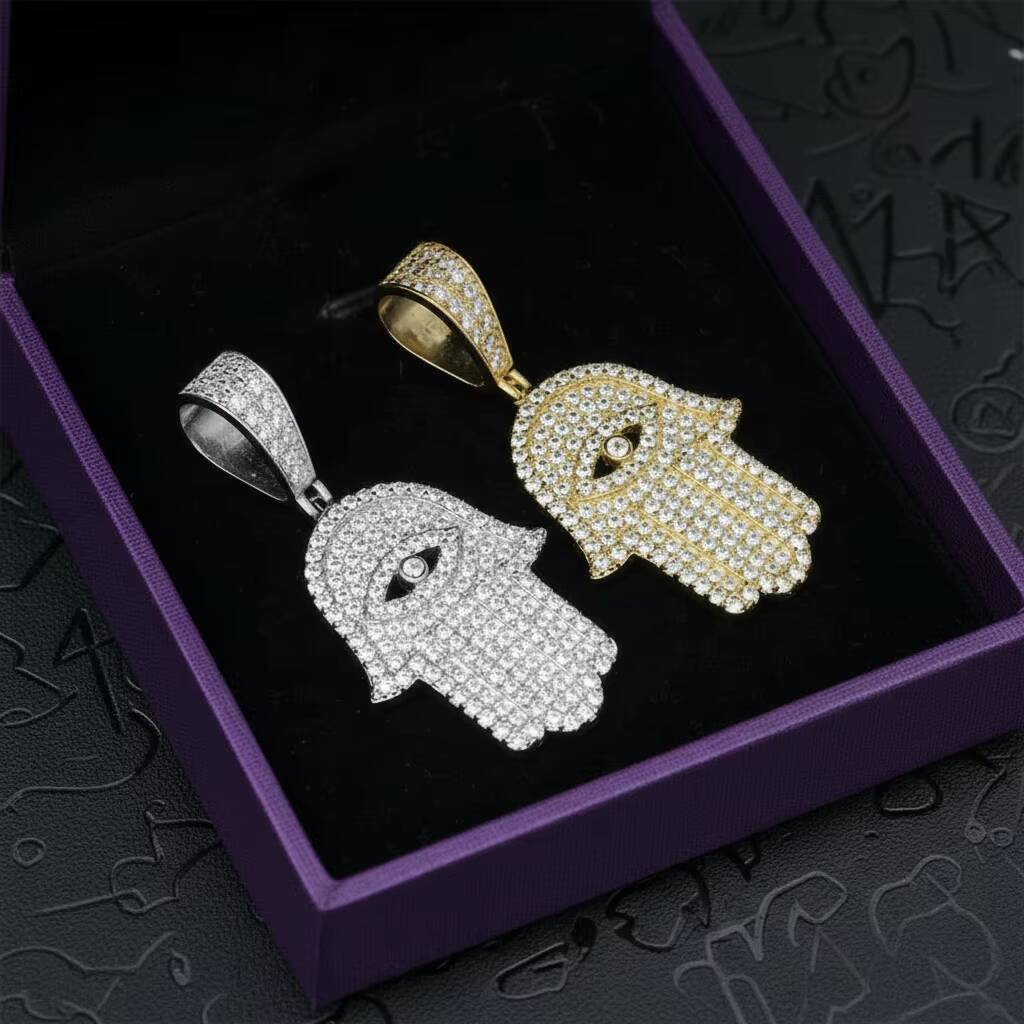 GRA D Color Iced Out 925 Sterling Silver Evileye Hamsa Hand Pendant Jewelry Moissanite Diamond Pendant Pass Diamond Tester