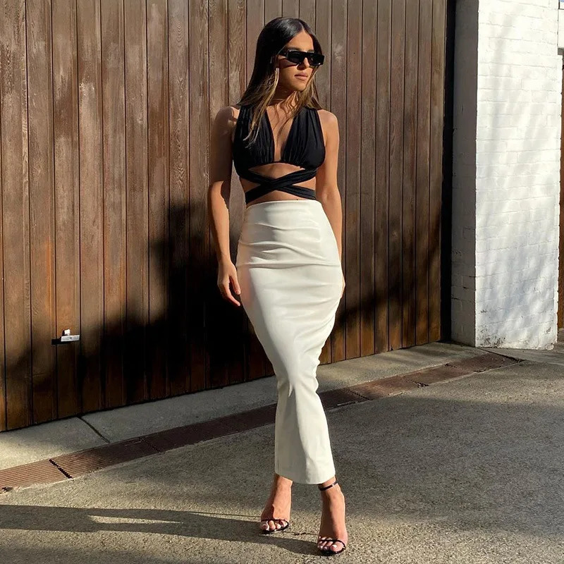 Women Autumn Sexy High Waist Bodycon Skirt Fashion Adults Slimfit Solid Color Slit Leather Long Skirt BlackWhite 251014