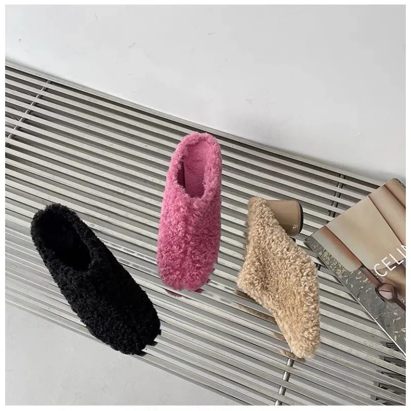 Fur Lambswool Heeled Slippers Woman Solid Color Horse Hair Round Toe Covered Toe Shoes Woman Casual Shoes 251013