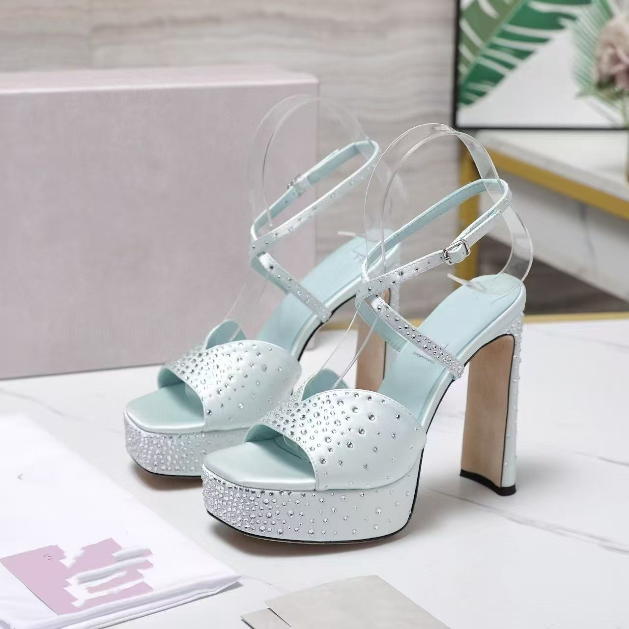 Chunky high heeled waterproof platform sandals Ankle strap open toe block heel evening shoes women's luxury designer high heels factory footwear 35-42 With bag