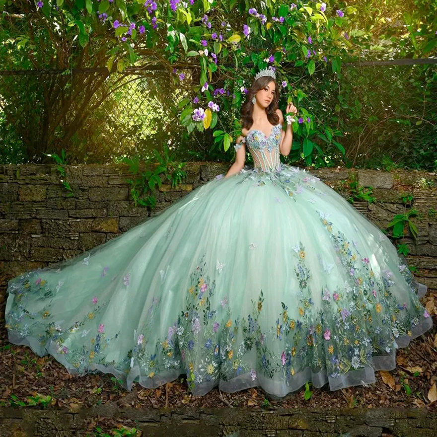 Light Green Quinceanera Dresses Ball Gown Off Shoulder 3D Butterfly Applique Beading Tull Corset Sweet 16 Dress Vestido De 15 Anos