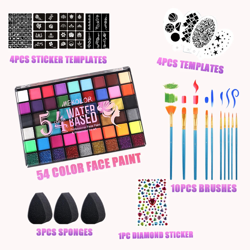 54 Colors Professional Body Face Paint kit For Party Face Paint Kit Water Based Non Toxic Face Paint Palette Water Soluble High 251010