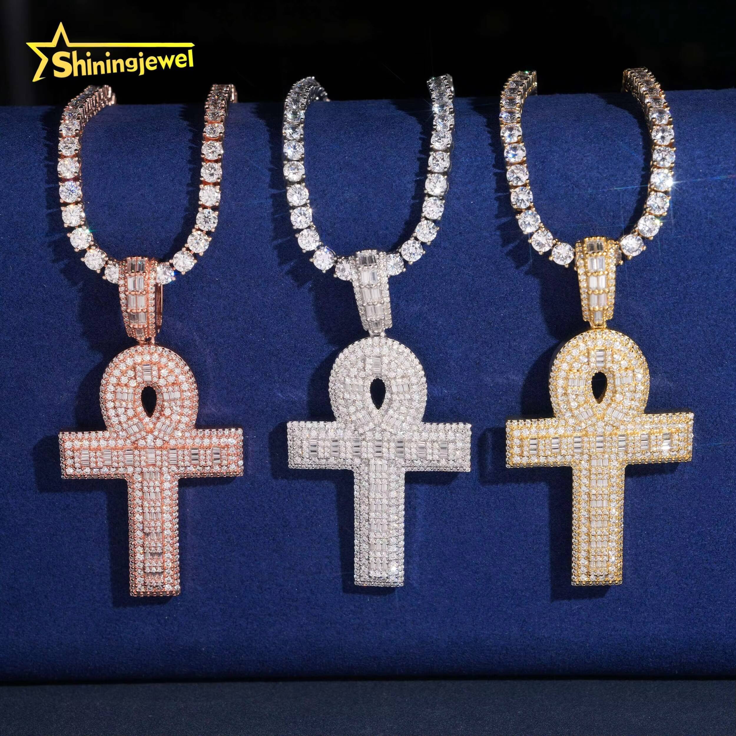Hip Hop Iced Out 925 Sterling Silver Gold Plated Charm Pendant Pass Diamond Test Baguette Moissanite Cross Pendant
