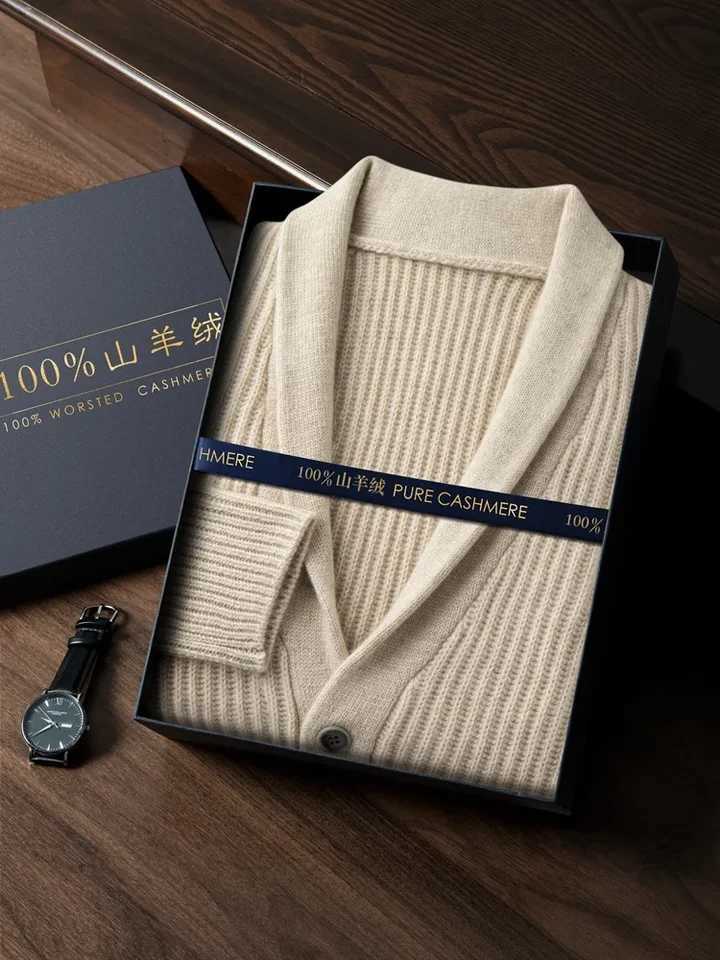 Mens Heavy Thick 100 Pure Cashmere Cardigan Olive Warm Collar HighEnd Sweater Coat Super Handsome J251015