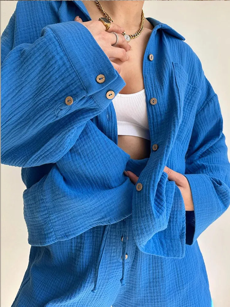 Classic Solid Shirt Pants Set Women Casual Loose Long Sleeved Lapel Elastic Waist Two Piece Suit 2025 Summer Street Outfit 251028