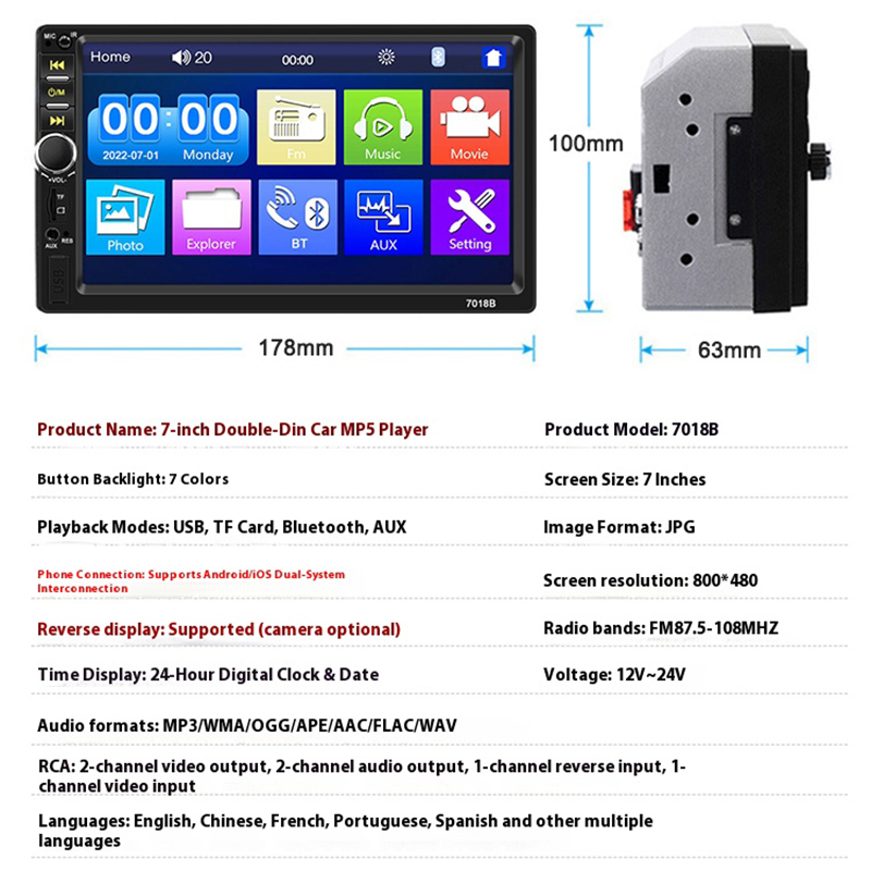 Universal 2 Din Car Radio 7" HD Touch Screen Autoradio Multimedia Player Universal Car Stereo MP5 Player Bluetooth Car Player With Rearview Camer