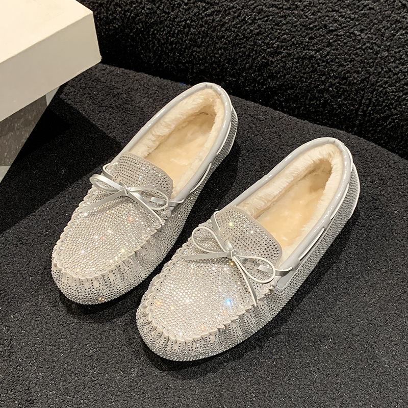 High Quality Fur Plush Women's Flat Shoes New Fashionable Women's Luxury Loafers Water Diamond Casual Shoes Plus Size Winter Work Shoes Desi