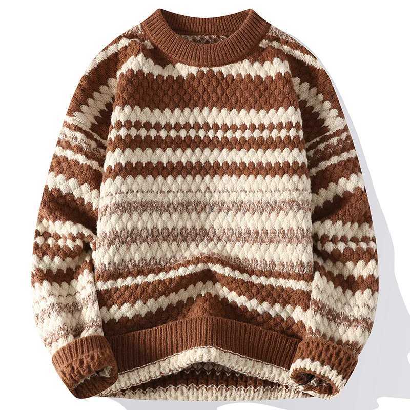 Winter Mens Loose Pullover Male Slim Fit Fashion Knitted Sweater Man Thick Warm Pull Homme Retro Stripe Sweaters J251015