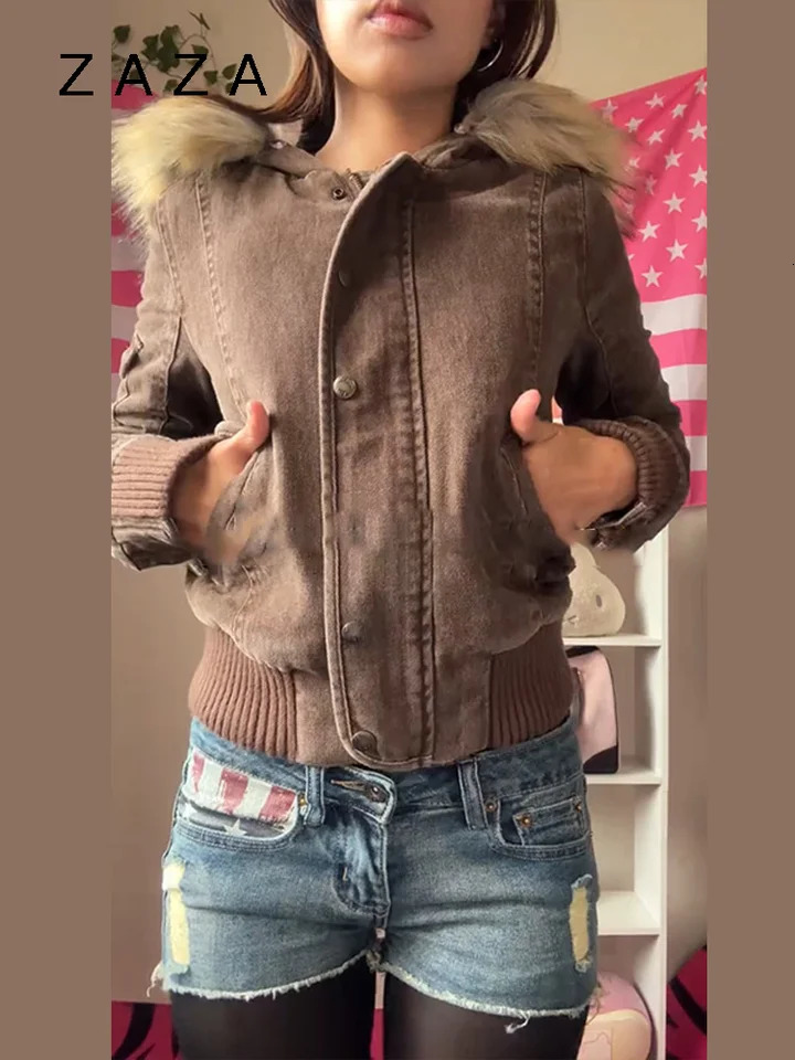 Vintage Brown Fur Collar Hooded Jacket For Women Slim Fit Long Sleeve Pocket Coat 2025 Female Autumn Winter Solid Streetwear 251008