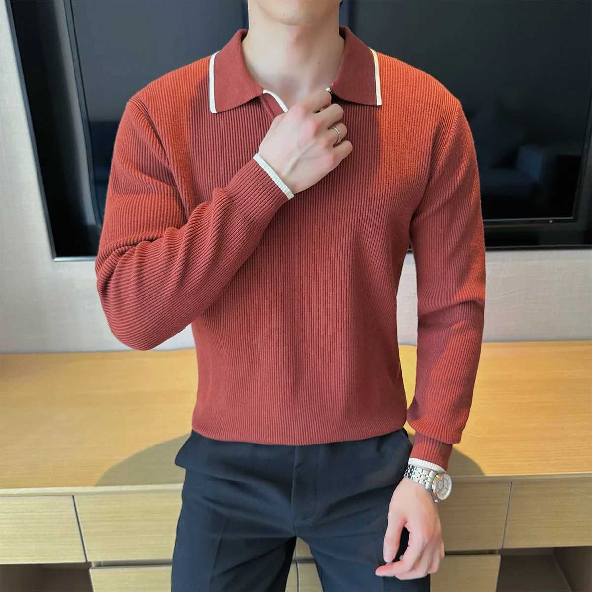 2025 Autumn Mens Vneck Sweater British Style Long Sleeved Knitted Sweater Slim Fit Casual Business Base Pullover Men Clothing J251015