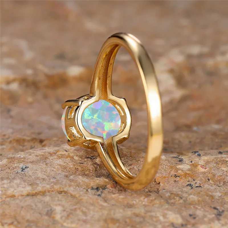 Female Rainbow White Fire Opal Stone Engagement Ring Yellow Gold Color Summer Wedding Jewelry For Women Finger BandsXJ251015