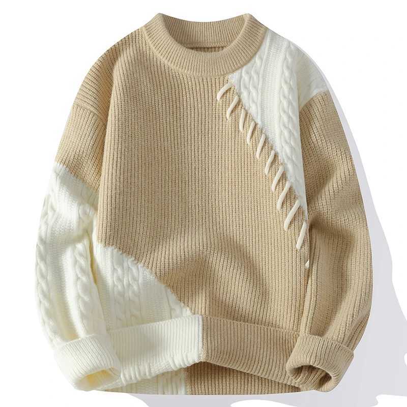 Vintage Color Block Oversized Sweater Streetwear Mens Autumn Winter Casual Cable Knit Sweater Warm Contrast Stitch Base Layer J251015