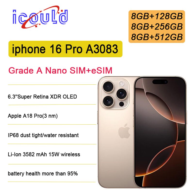 Grade A Used Original Apple iPhone 16 Pro A3083 US Version iOS 26 Apple A18 Pro Super Retina XDR OLED Display IP68 dust/water resistant Single SIM+eSIM