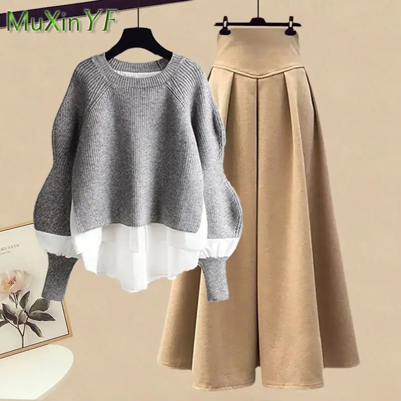 2025 SpringAutumn Korean Elegant Splice Two Piece Knitted Sweater Dress Matching Set Womens Chic Pullover Skirt Set 251028