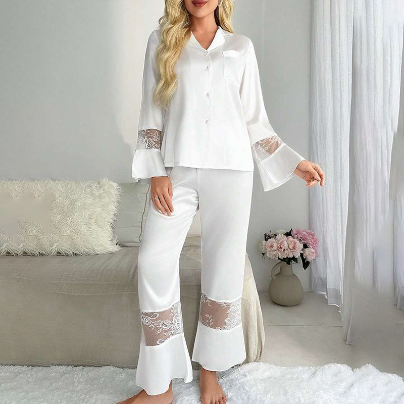 Women's Spring/Fall Silk Satin Lace-Panel Long-Sleeve Pajama Set with Pants nightgown retro nightgown nightgown set nightgown nightdress loungewe