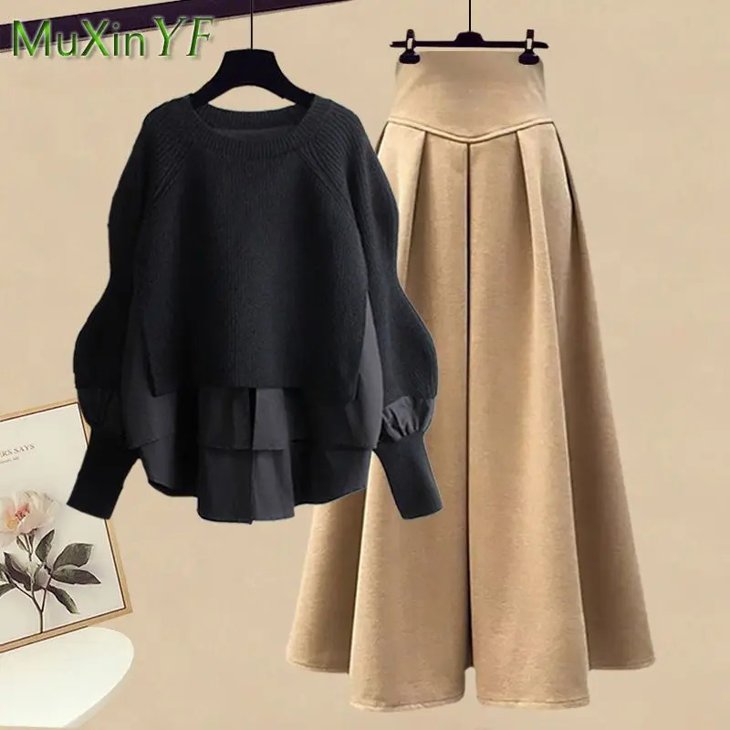 2025 SpringAutumn Korean Elegant Splice Two Piece Knitted Sweater Dress Matching Set Womens Chic Pullover Skirt Set 251028