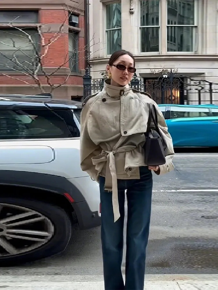 Vintage Stand Neck Loose Jacket For Women Chic Full Sleeve Oversize Coat Fashoin Short Trench Coats 2025 Female Streetwears 251013