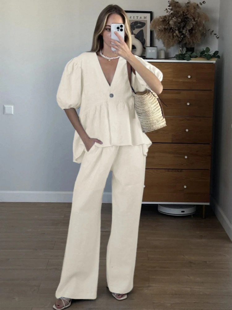 Mumaroho 2025 Women Spring Summer Holiday Pant Set Suits Cotton Solid Outfits Vneck 2 Two Piece Matching Set For Women 251028