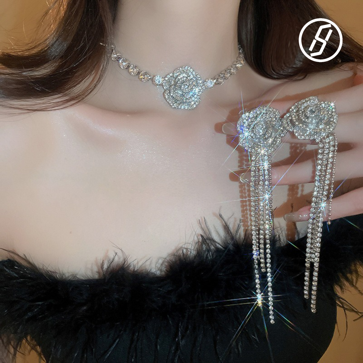 Luxury Diamond Flower Tassel Pin Earrings Camellia Set Wedding Gifts for Women Banquet Original Jewelry Necklace Wholesale Z260313