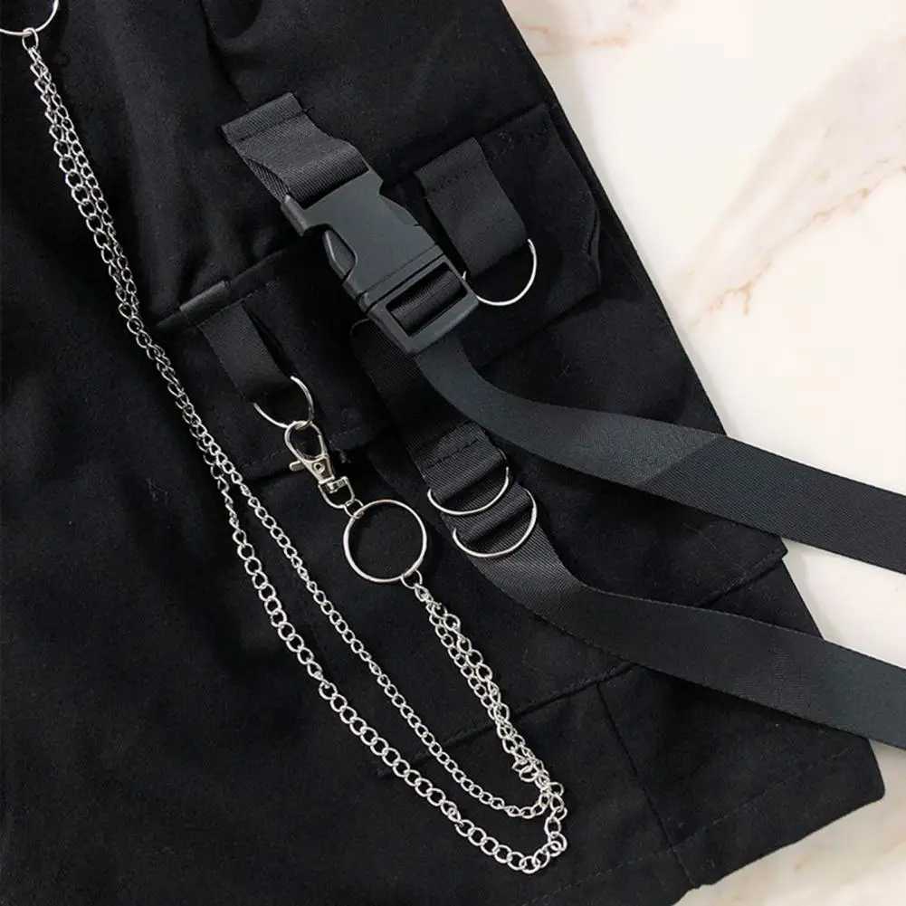 Men Shorts Multi Pockets Chain Strap Decor Casual Shorts MidRise Elastic Waistband Male Shorts Knee Length Men Cargo ShortT251015