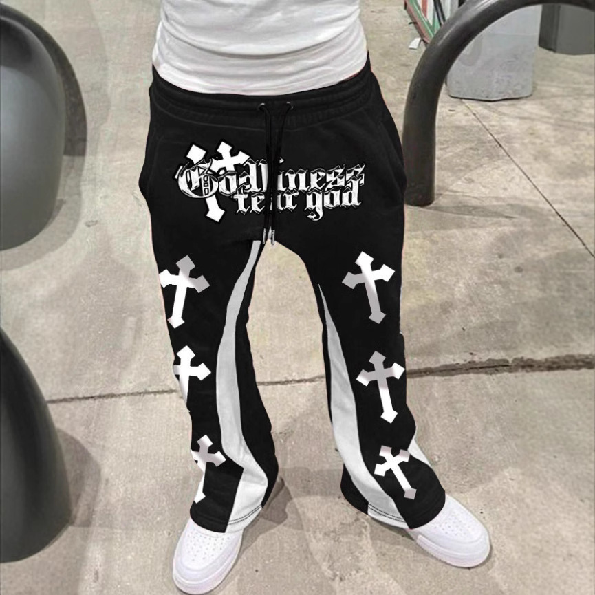Mens Casual Street Style Trendy Cross Print Fashionable Slightly Flared Black and White Color-Block n Sweatpants 250819