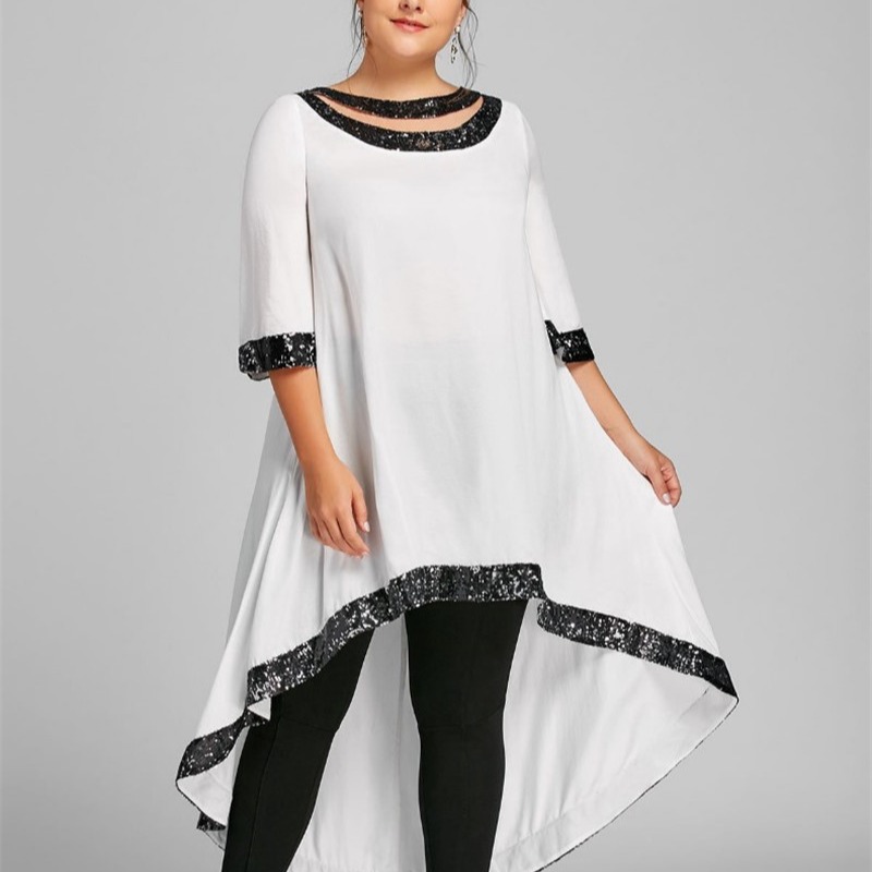 H1015European and American Amazon women's loose skirt splicing short-sleeved dress solid color shiny silk hem