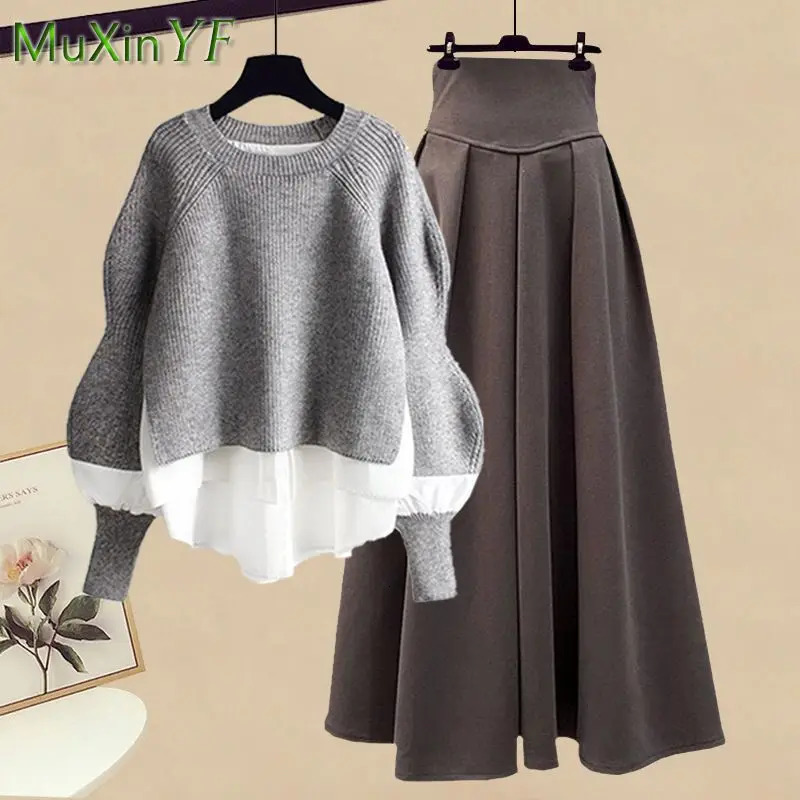 2025 SpringAutumn Korean Elegant Splice Two Piece Knitted Sweater Dress Matching Set Womens Chic Pullover Skirt Set 251028