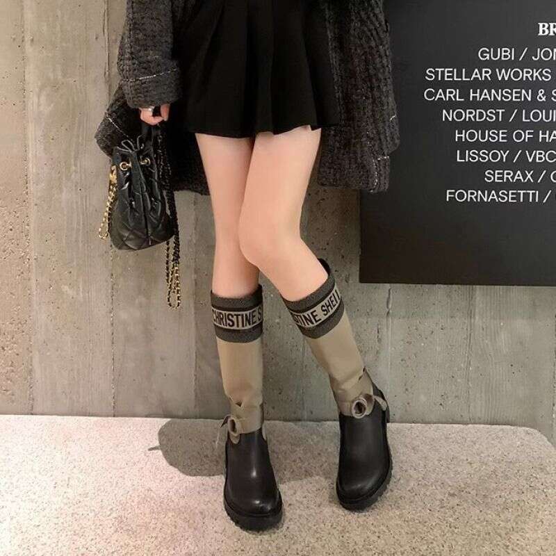 Embroidered Letter Long 2025 Autumn Winter New High Tube Thick Sole Petite Over-The-Knee Riding Boots