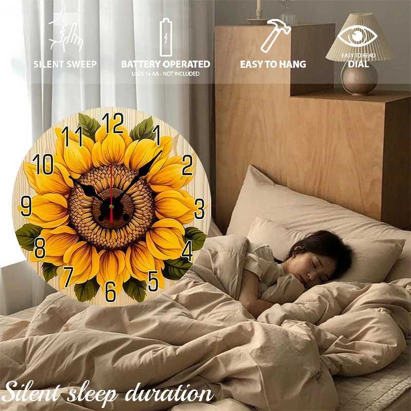 Yellow Sunflower Wooden Round Silent Hanging Wall Clock Suitable For Living Room Office Study Room Bedroom Home Decoration C251015