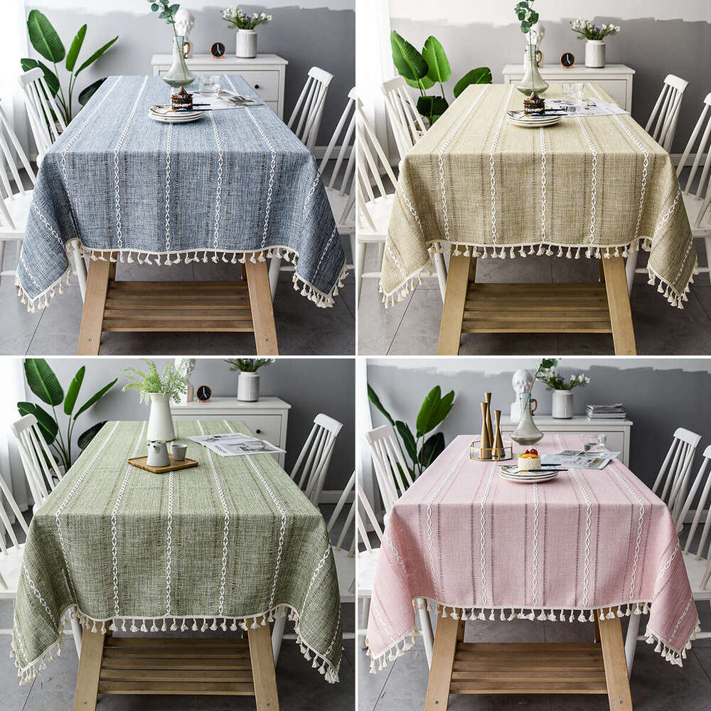 Luxury designer style Fashionable tablecloth Nordic Hollow Tassel Solid Color Long Striped Jacquard Tablecloth Coffee Table Mat Cotton Linen