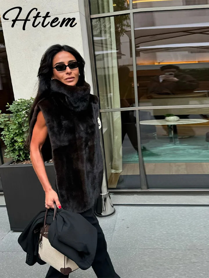 Chic Turtleneck Fur Vest Women Allmatching Solid Sleeveless Fluffy Cozy Vests Female Autumn Winter Lady Layering 251013