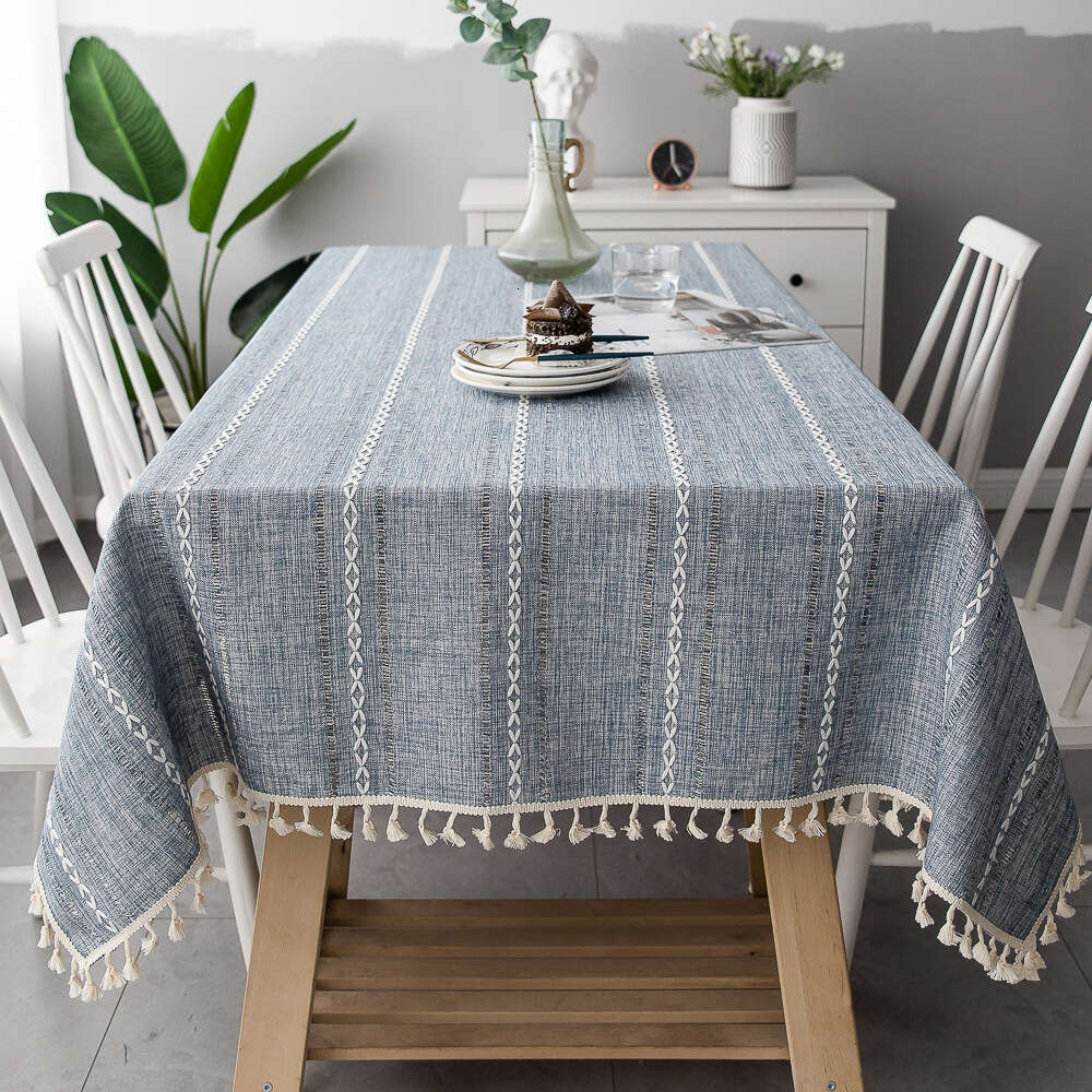 Luxury designer style Fashionable tablecloth Nordic Hollow Tassel Solid Color Long Striped Jacquard Tablecloth Coffee Table Mat Cotton Linen