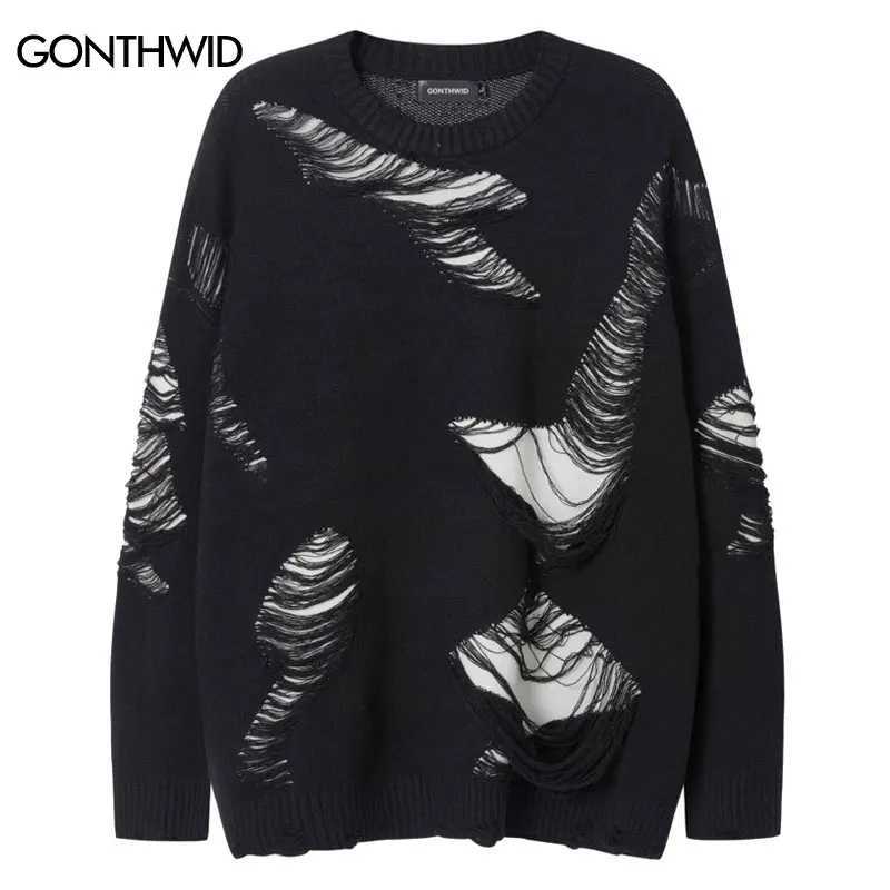Vintage Sweater Grunge Ripped Hole Knitted Solid Plain Jumpers Streetwear Hip Hop Harajuku Men Punk Gothic Long Sleeve Sweaters J251015