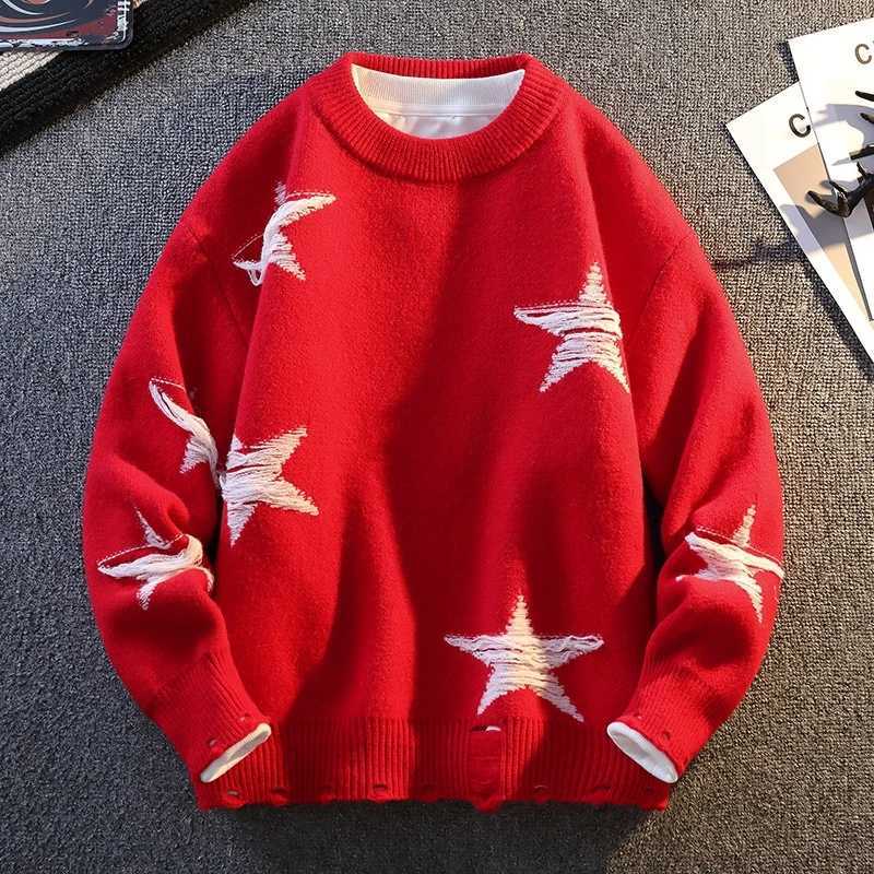 Harajuku Trend Star Pattern Knitted Sweater for Men Round Neck Pullovers Hip Hop Contrast Color Sweaters Women Men Knitwear J251015
