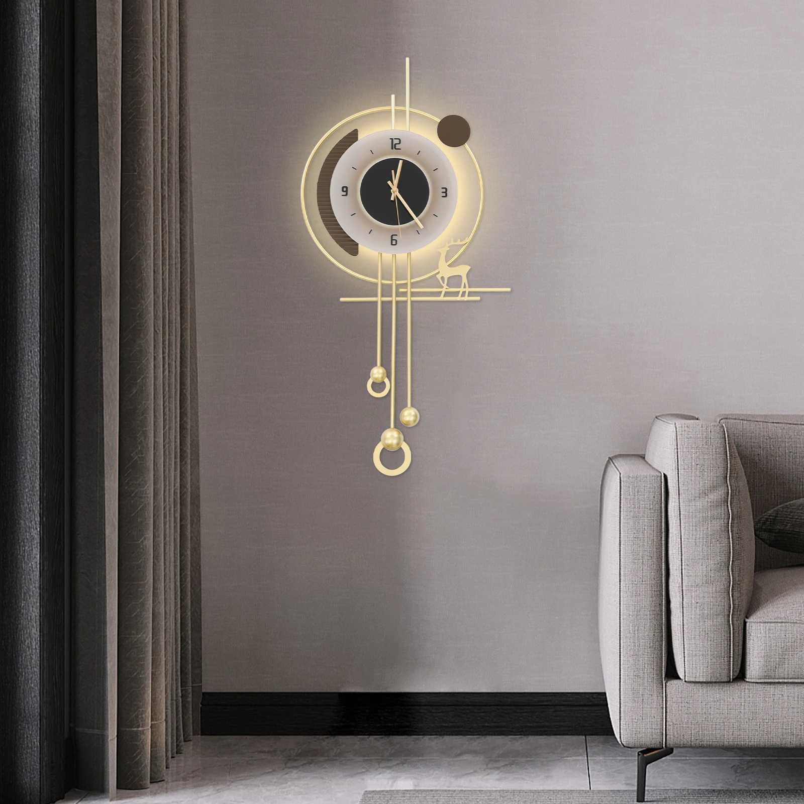 Modern Gold Iron Wall ClockSoundControl 39x24x80 cm LED Lighting Wall Clock Battery Powered WallMounted for HomeBedroom C251015